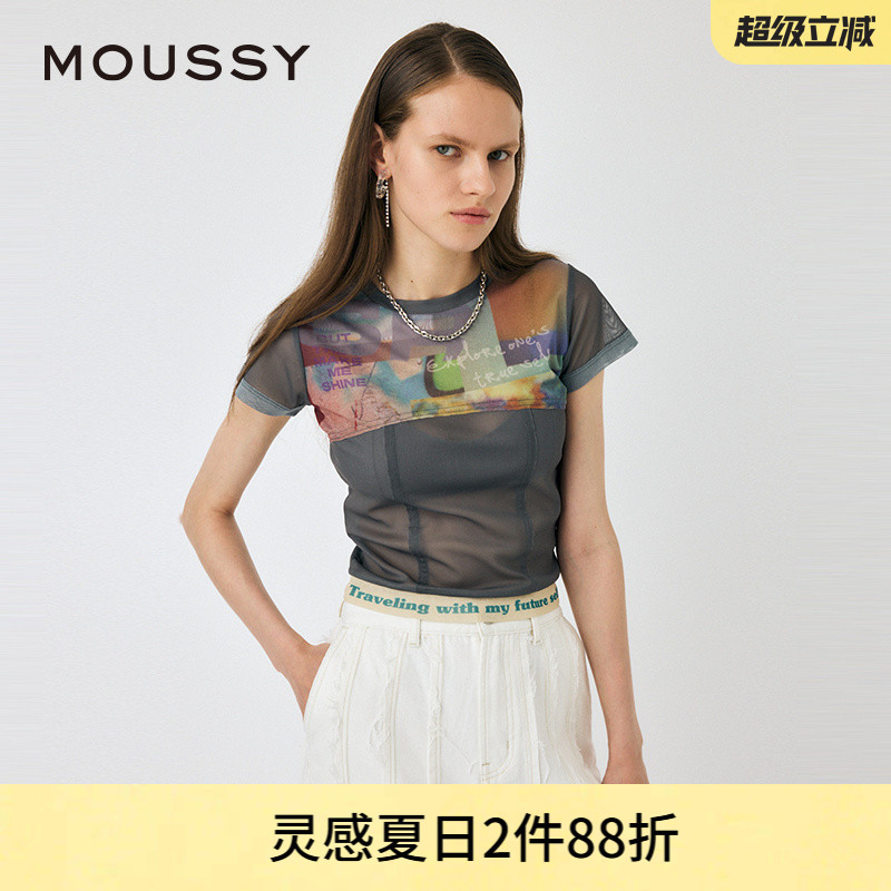 moussy薄纱透视印花鱼骨短袖T恤