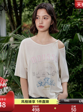 MOUSSY2026夏季新品慵懒休闲风露肩做旧印花宽松T恤028JSZ90-1083