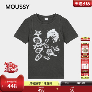 MOUSSY2026夏季新品复古美式辣妹风做旧印花短袖T恤028JSZ90-1062