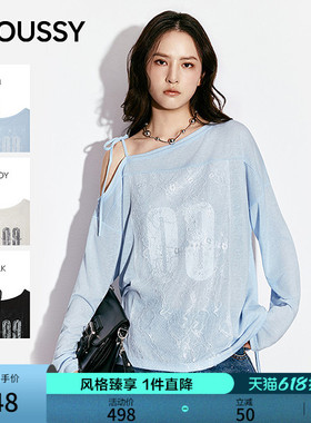 MOUSSY2026春季新品甜酷辣妹风蕾丝拼接斜肩长袖T恤028JSA90-1020