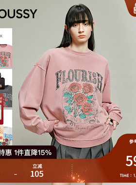 MOUSSY 2025冬季新品休闲复古玫瑰花束字母印花卫衣028IAA90-1028