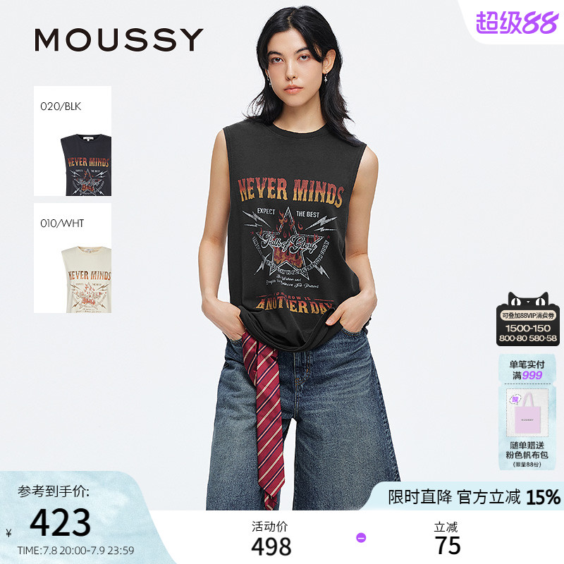 MOUSSY 2025夏季新品渐变字母图案印花纯棉无袖T恤028ISZ90-1381