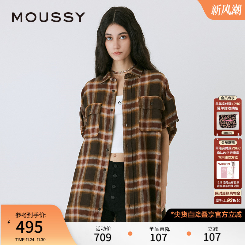 MOUSSY美式复古风格纹短袖衬衫