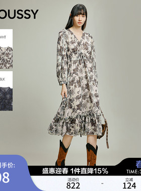 MOUSSY 秋季新品复古风花纹雪纺V领长袖连衣裙028IAB33-1010