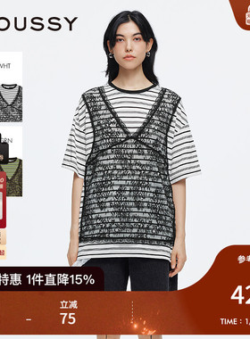 MOUSSY早秋新品复古风蕾丝假两件条纹短袖T恤028ISA90-0004