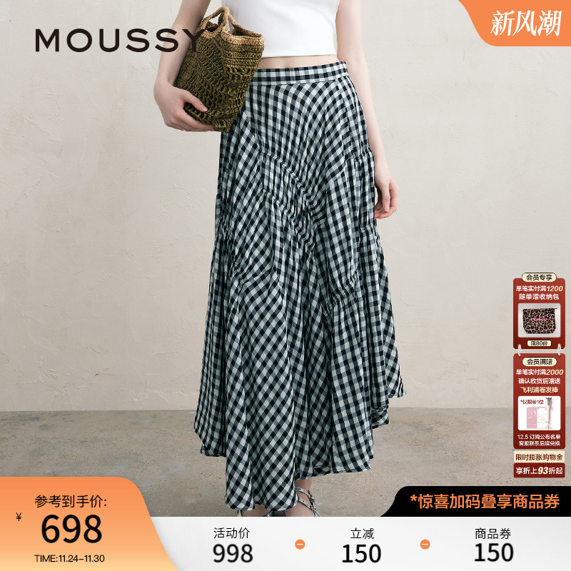 MOUSSY 秋季文艺感不规则格纹半身裙女028ISA30-3021