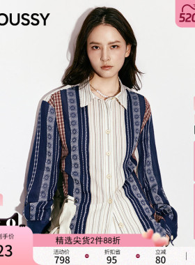 MOUSSY 2026春季新品文艺复古风条纹撞拼接色衬衫女028JSA30-1032