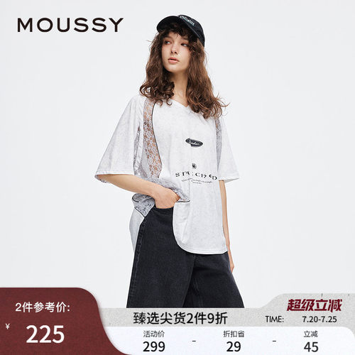 明星同款MOUSSY夏季新品蕾丝拼接V领篮球服印花T恤028ISA90-2921