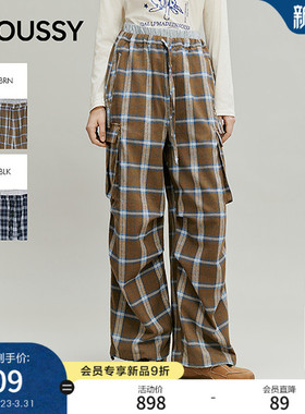 MOUSSY 2026春季新品复古工装风大口袋格纹阔腿长裤028IAA31-1035