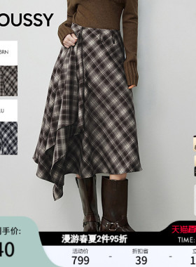 MOUSSY 春春新品复古格纹不规则裙摆长款半身裙028IAA31-1027