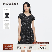 MOUSSY秋季新品甜美风花边V领泡泡袖碎花连衣裙028ISA33-3951
