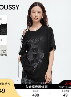 MOUSSY2026夏季新品甜酷不对称绑带露肩蕾丝短袖T恤028JAA90-1019