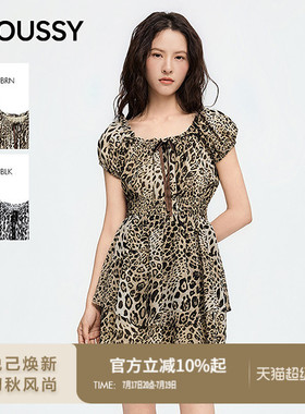 MOUSSY 2026夏季新品美式复古豹纹泡泡袖收腰连衣裙028JSZ33-1015