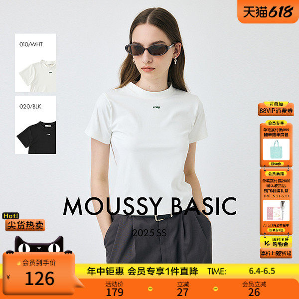 MOUSSY 夏季新品小高领简约两色短款短袖T恤女010IS480-6731