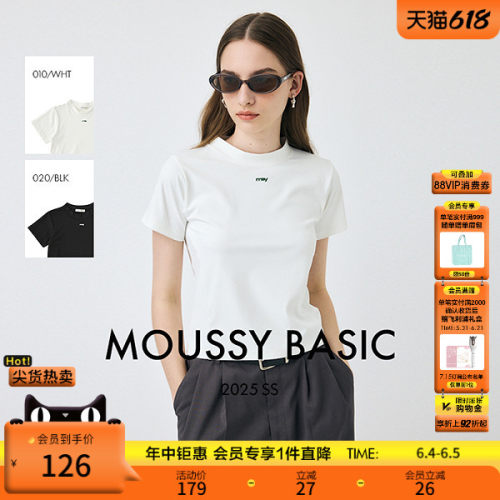 MOUSSY 夏季新品小高领简约两色短款短袖T恤女010IS480-6731
