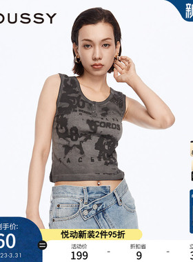 MOUSSY 夏季新品街头摇滚风做旧印花修身背心女028HSZ90-1481