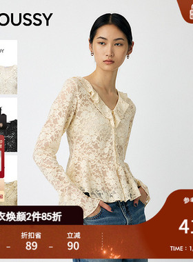 MOUSSY2025秋季新品甜美风蕾丝花纹长袖V领针织衫010IA280-4491