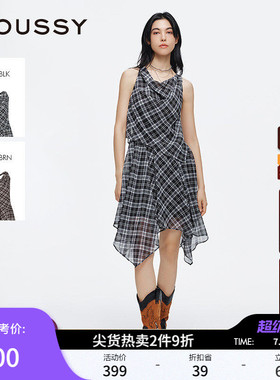 MOUSSY 夏季新品格纹荡领露背不规则无袖连衣裙028ISA33-3521