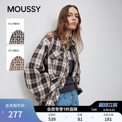 MOUSSY 甜酷风抽褶系带收口复古格子长袖衬衫女028ISA30-1004