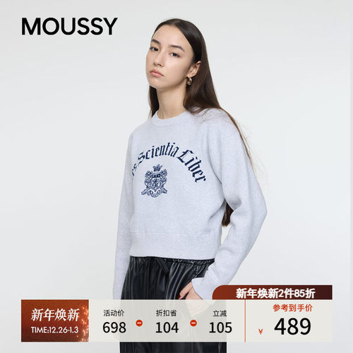MOUSSY 2025秋季新品文艺休闲风徽章字母套头针织衫010IA274-7281