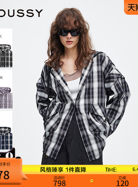 MOUSSY 春季新品复古街头撞色格纹连帽长袖衬衫028ISA30-2301