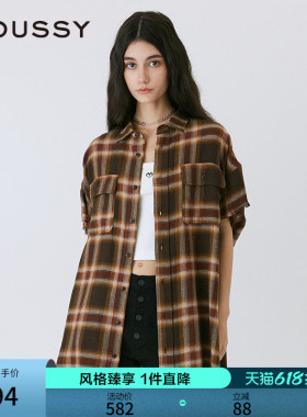 MOUSSY 早春美式复古风格纹毛边宽松短袖衬衫女010ISB30-8771