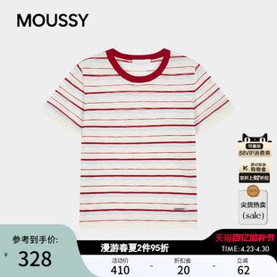 MOUSSY2026夏季新品复古风条纹撞色休闲圆领短袖T恤028JSC90-1091