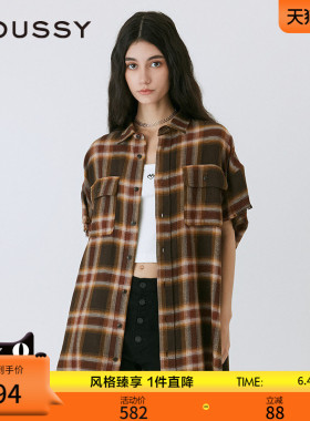 MOUSSY 早春美式复古风格纹毛边宽松短袖衬衫女010ISB30-8771