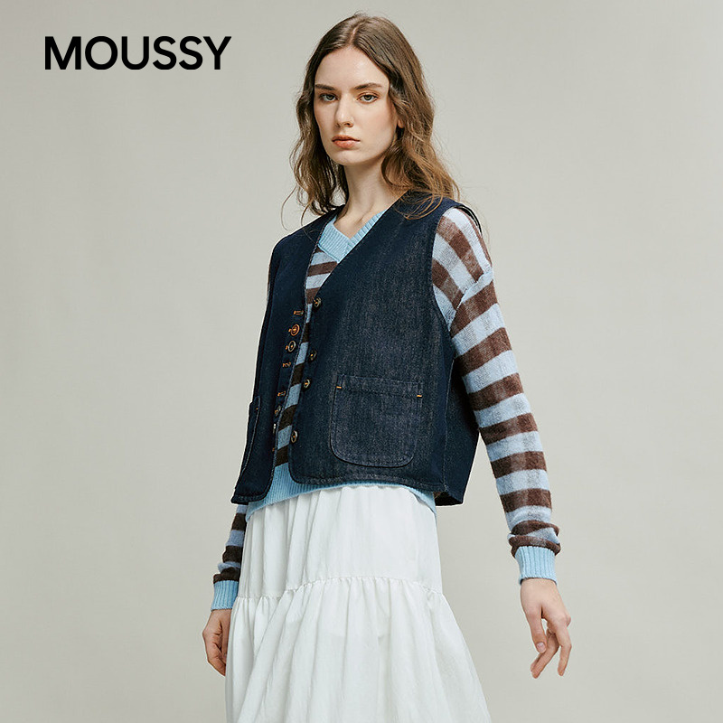 MOUSSY2025秋季新品复古风口袋拼接短款马甲外套女028IAC10-1003