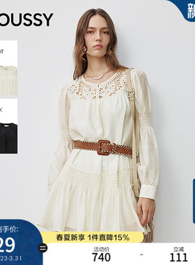 MOUSSY 早春新品甜美镂空褶皱拼接长袖连衣裙女028IAA33-1004