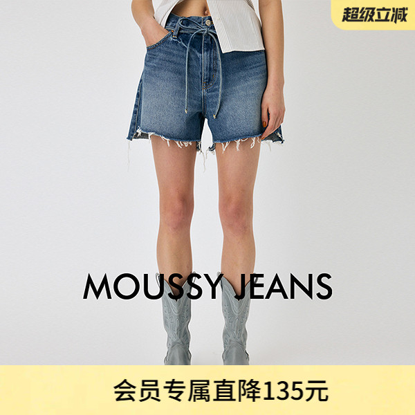 MOUSSY 2025夏季新品做旧毛边系带纯棉短款牛仔裤女010IS311-3701