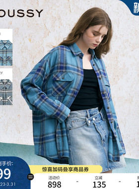 赵昭仪同款MOUSSY 新品美式复古格纹LOGO时尚衬衫女028JSX30-1052