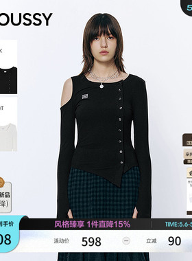 MOUSSY2026春季新品辣妹风露肩不规则修身长袖T恤女028IAA80-1016