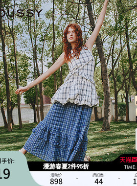 MOUSSY 夏季新品甜美复古格纹荷叶边吊带连衣裙028ISA33-4021