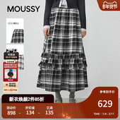 MOUSSY秋季 1022 半身裙女028IAA31 新品 复古文艺格纹荷叶边长款