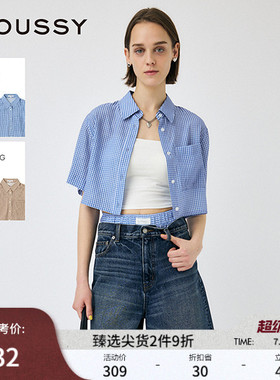 moussy 夏季新品日系复古格纹短袖宽松短款衬衫010IS430-3821