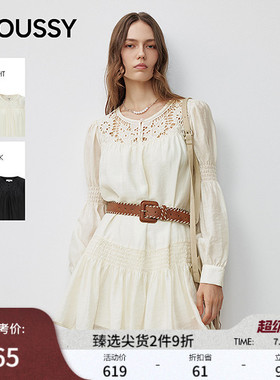 MOUSSY 早春新品甜美镂空褶皱拼接长袖连衣裙女028IAA33-1004