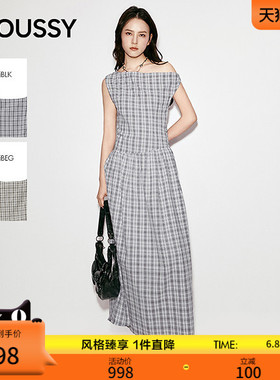 MOUSSY 2026夏季新品复古优雅格纹一字肩长款连衣裙028JSA33-1006