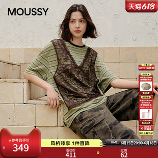 MOUSSY早春新品复古风蕾丝假两件条纹短袖T恤028JSX90-1093