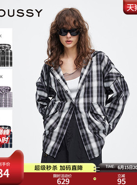 MOUSSY 春季新品复古街头撞色格纹连帽长袖衬衫028ISA30-2301