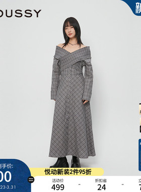 MOUSSY 春季新品法式乡村田园一字领格纹连衣裙028HAH30-1761