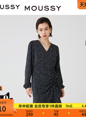 MOUSSY 春季新品优雅淑女波点茶歇裙捏褶连衣裙028HS930-0040
