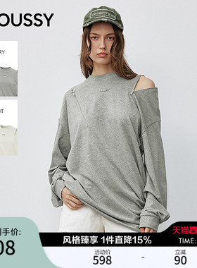 MOUSSY 春季新品潮酷拉链镂空宽松圆领长袖T恤028IAA80-1001
