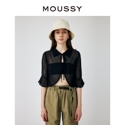 moussy甜美风微透花边袖系带衬衫