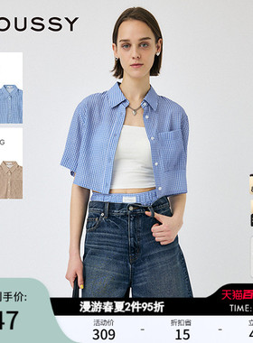 MOUSSY 夏季新品日系复古格纹短袖宽松短款衬衫010IS430-3821