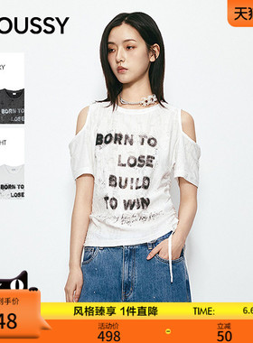 MOUSSY2026夏季新品甜酷风露肩墨痕字母印花短袖T恤028JSA90-1061