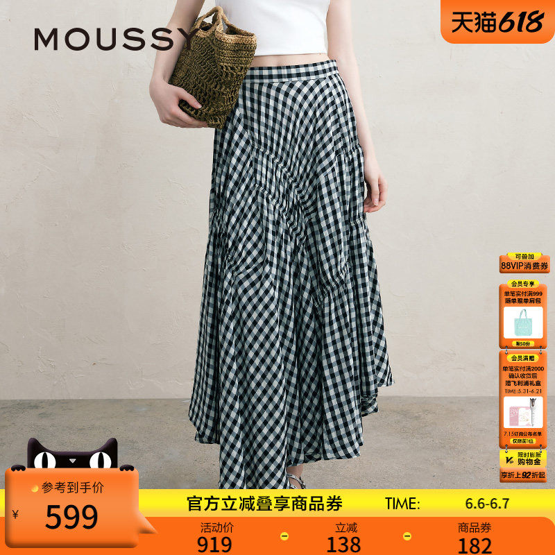 MOUSSY 春季文艺感不规则格纹半身裙女028JSX31-1066