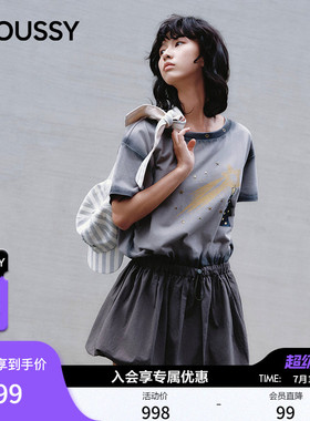 MOUSSY 潦草小狗系列2026夏季新品拼接短袖连衣裙女028JSZ01-1015