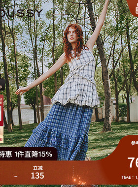 MOUSSY 2025夏季新品甜美复古格纹荷叶边吊带连衣裙028ISA33-4021