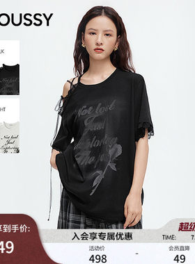 MOUSSY2026夏季新品甜酷不对称绑带露肩蕾丝短袖T恤028JAA90-1019